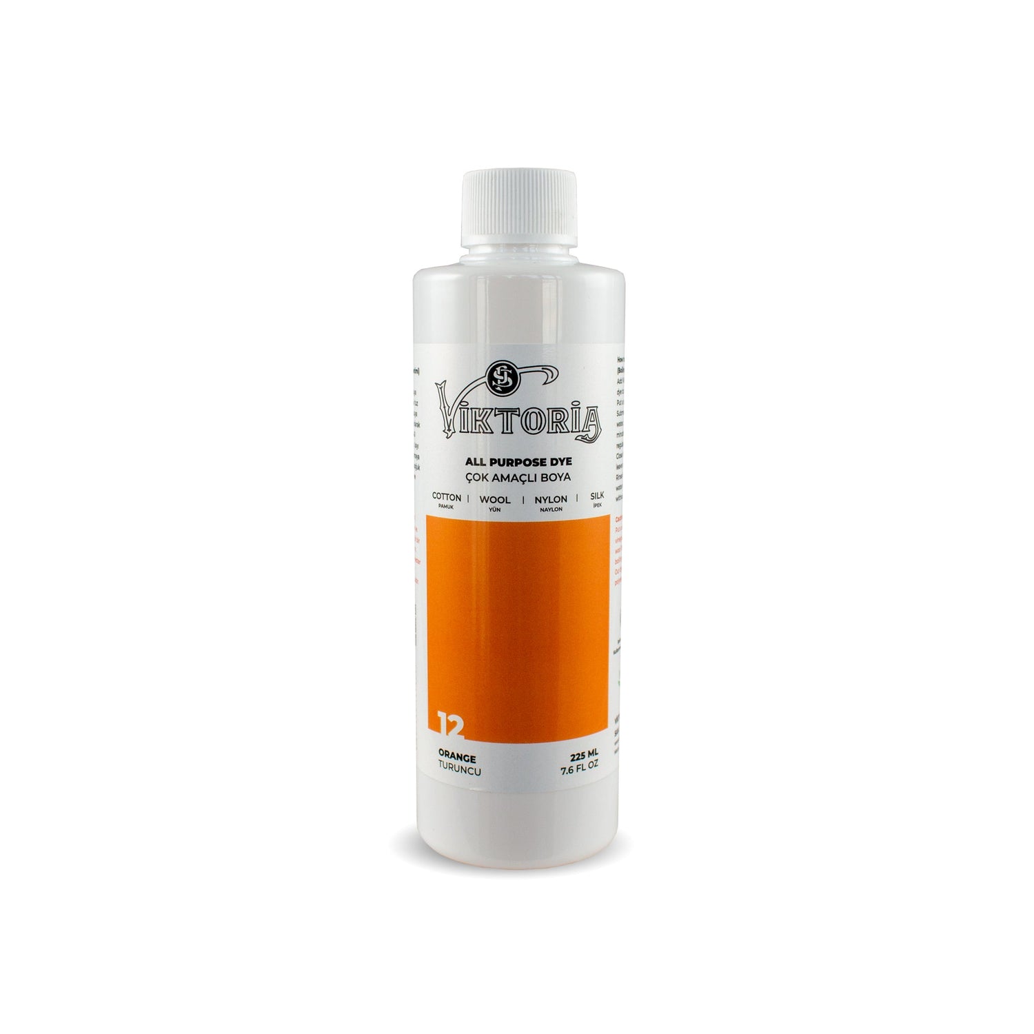 Viktoria all-purpose orange fabric dye bottle for cotton, wool, silk, linen, viscose, bamboo, and nylon, 225ml