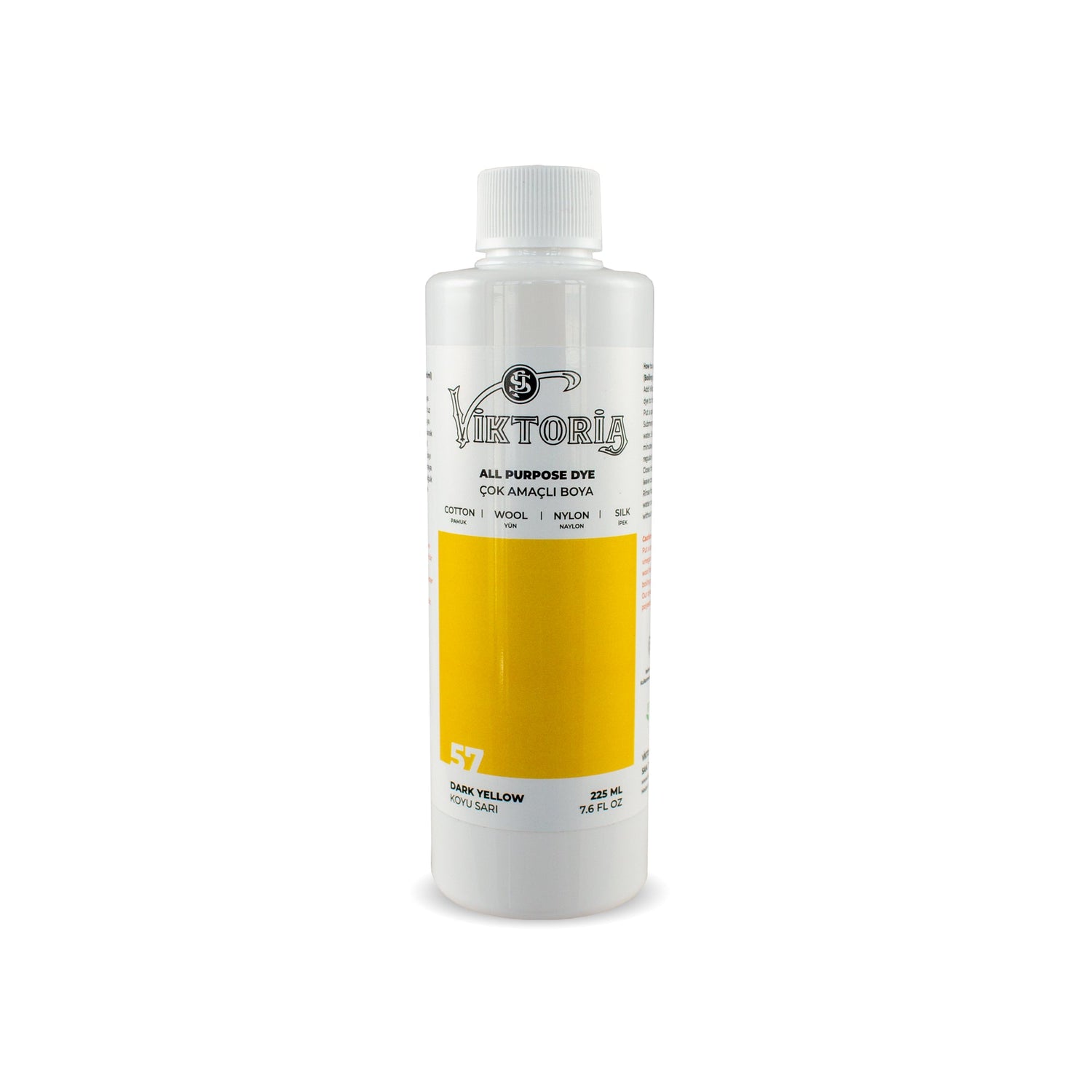 Victoria fabric dye in egg-yolk yellow for cotton, wool, silk, linen, and nylon, 225ml bottle, ideal for dyeing multiple surfaces including wood and leather.